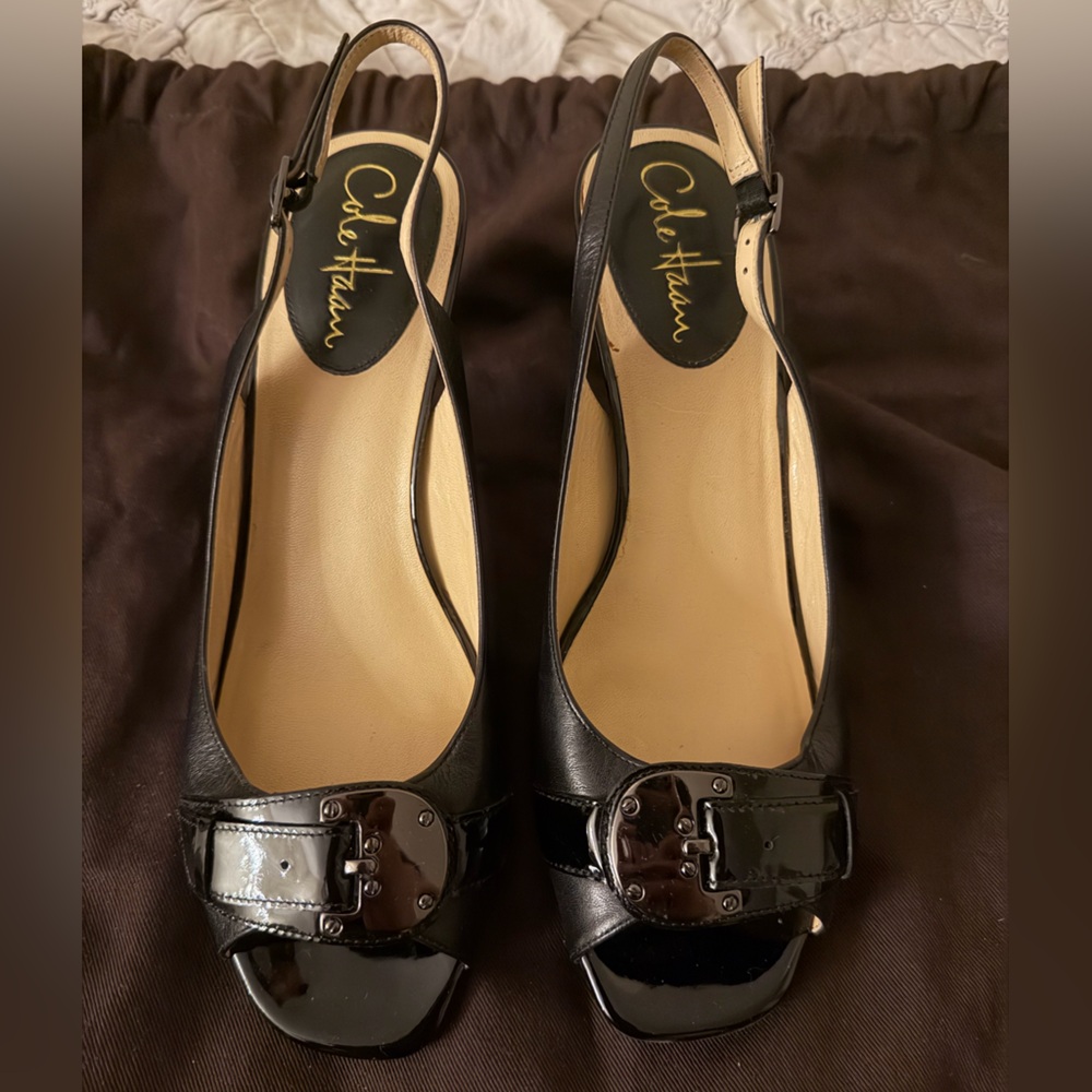 Cole Haan Black Leather Slingback Peep-Toe Heels